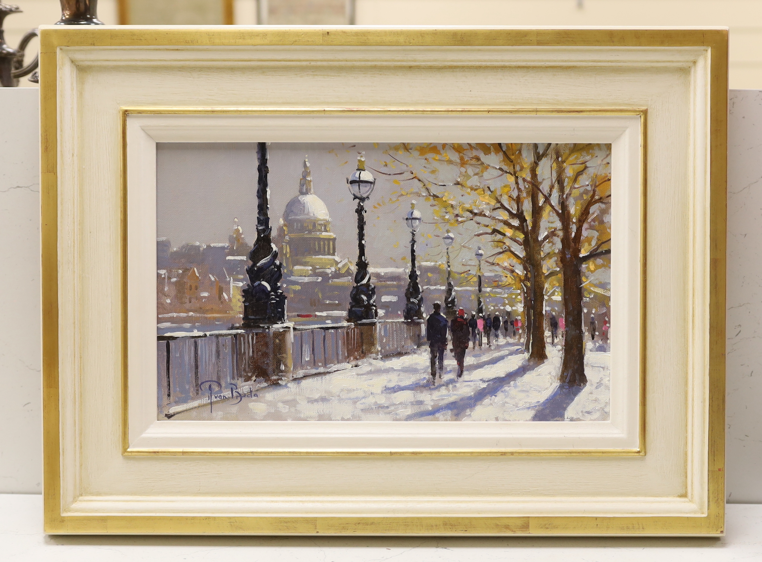 Peter Van Breda (b.1957), impressionist oil on canvas, 'Snow, South Bank towards St. Paul's, London', signed, inscribed verso, 21 x 34cm